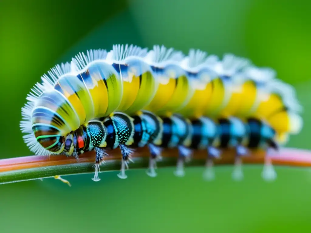 Macro fotografía de una oruga en metamorfosis, destacando su belleza delicada y el impacto del cambio climático en la transformación de insectos