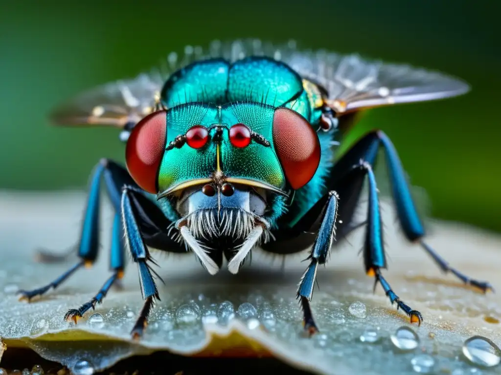 Un macrodetallado retrato de una mosca azulverdosa sobre carne en descomposición, con ojos rojos y alas translúcidas