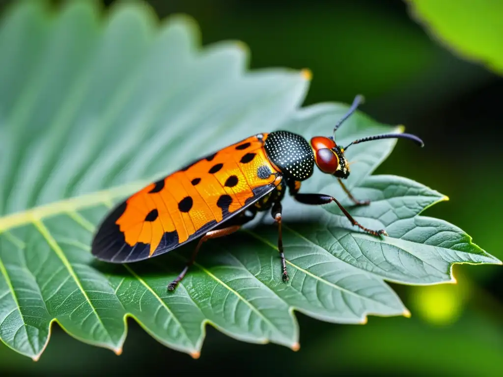 Un macrodetallado retrato de una vibrante cigarra naranja y negra posada en una exuberante hoja verde al atardecer