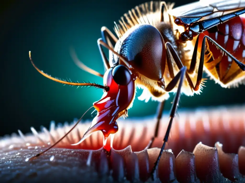 Macrofoto detallada de un mosquito picando la piel humana, con gota de sangre, en dramático contraste