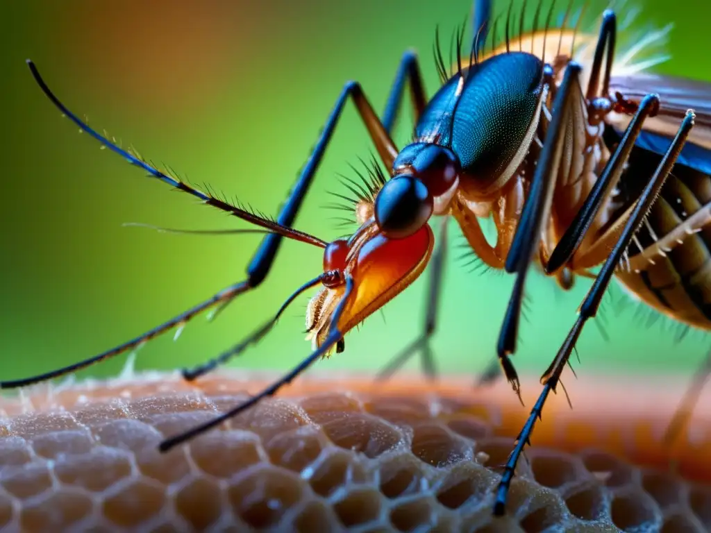 Macrofoto detallada de un mosquito alimentándose de piel humana, resaltando la interacción entre insectos vectores y la salud pública global