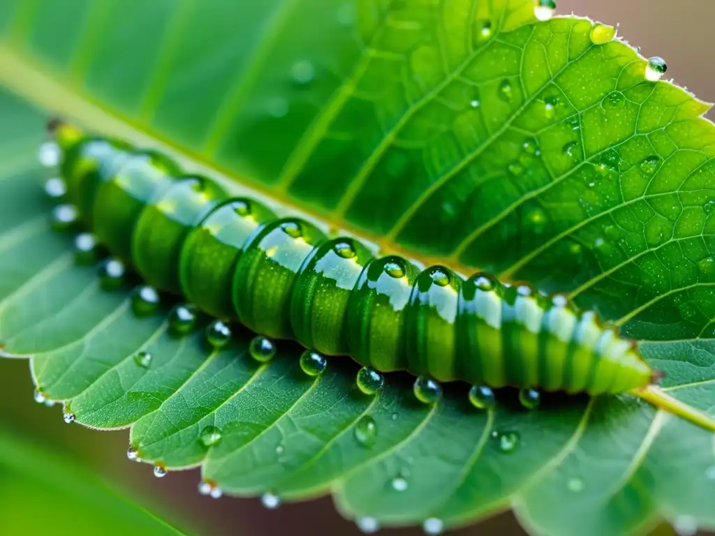 Macrofoto detallada de una oruga verde brillante sobre una hoja, con gotas de agua