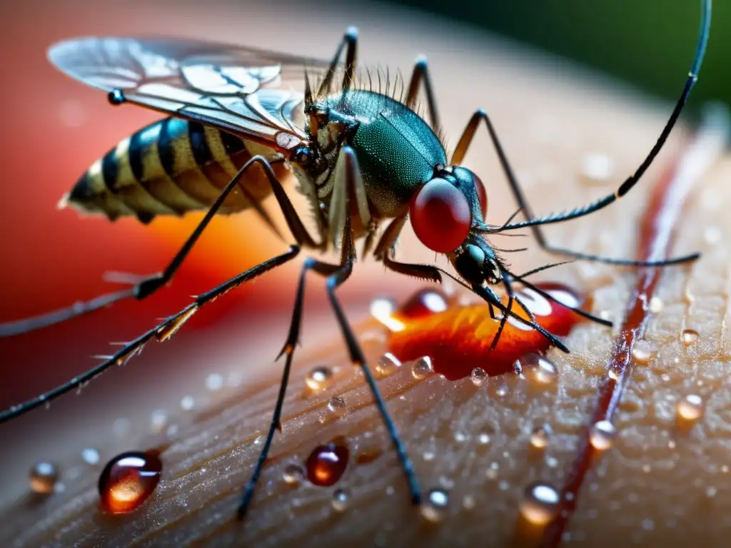 Macrofoto detallada de la probóscide de un mosquito penetrando la piel humana con gotas de sangre, ilustrando la propagación del dengue por insectos