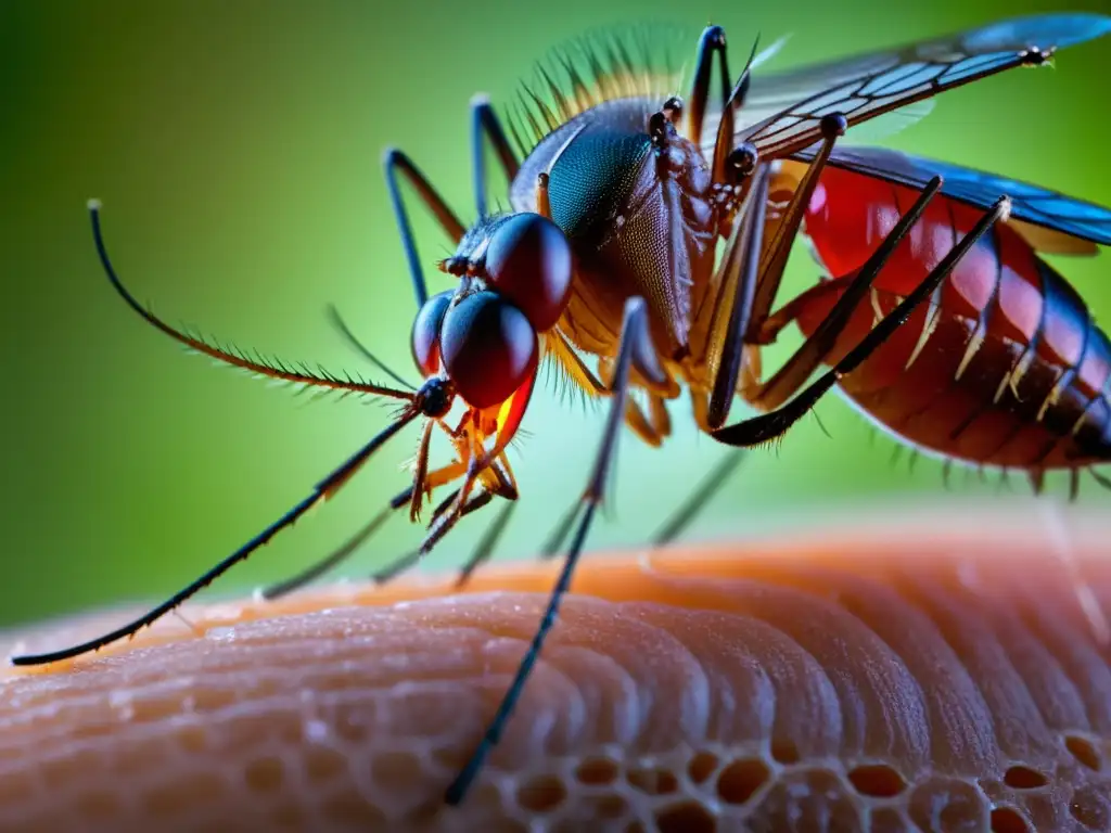 Macrofoto detallada de probóscide de mosquito en piel humana, revelando ingesta de sangre