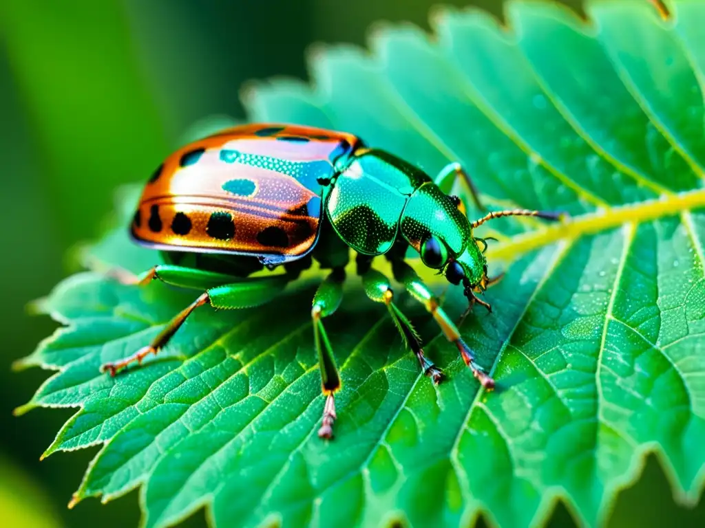 Macrofoto de un escarabajo metálico verde sobre una hoja, con detalles de exoesqueleto y alas iridiscentes