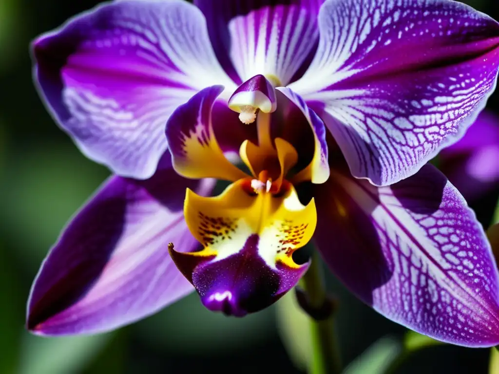 Macrofoto de una orquídea morada vibrante siendo polinizada por un insecto verde iridiscente