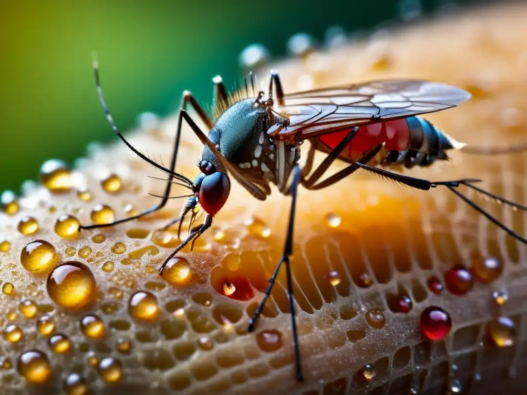 Macrofoto de la picadura de un mosquito en el brazo humano con gotas de sangre, evocando la necesidad de prevención fiebre amarilla picadura insectos