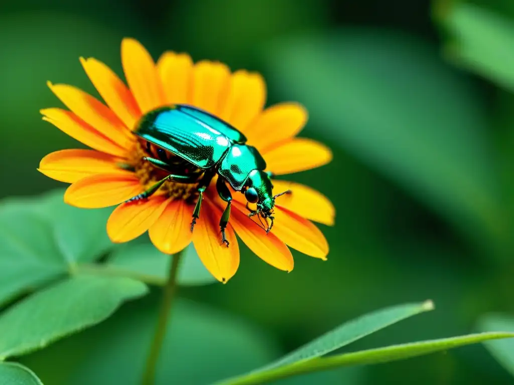 Macrofotografía detallada de un escarabajo metálico verde sobre una flor naranja vibrante, mostrando su exoesqueleto e iridiscencia