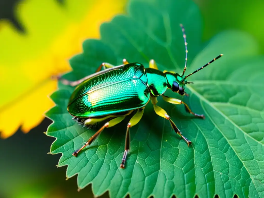 Macrofotografía detallada de un escarabajo metálico verde en una hoja delicada, capturando su brillo iridiscente bajo la luz del bosque