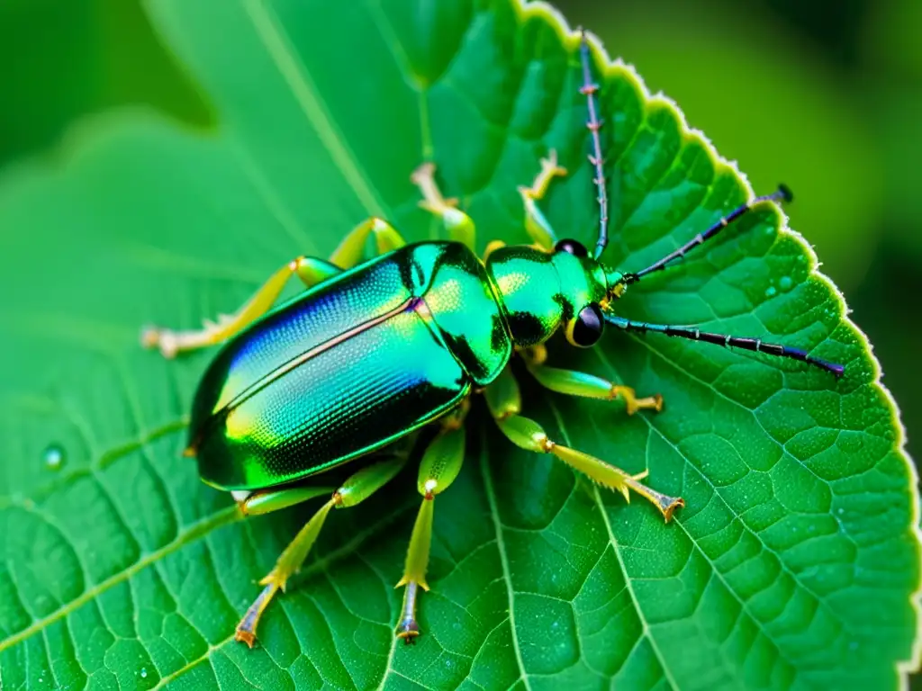 Macrofotografía detallada de un escarabajo metálico verde vibrante en una hoja, con gotas de agua y detalles iridiscentes