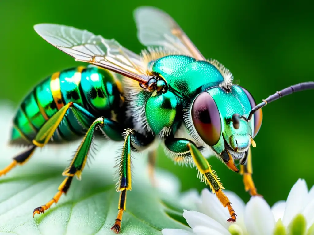 Una macrofotografía detallada de un vibrante insecto sudoroso metálico verde (Agapostemon) posado en un delicado pétalo de flor