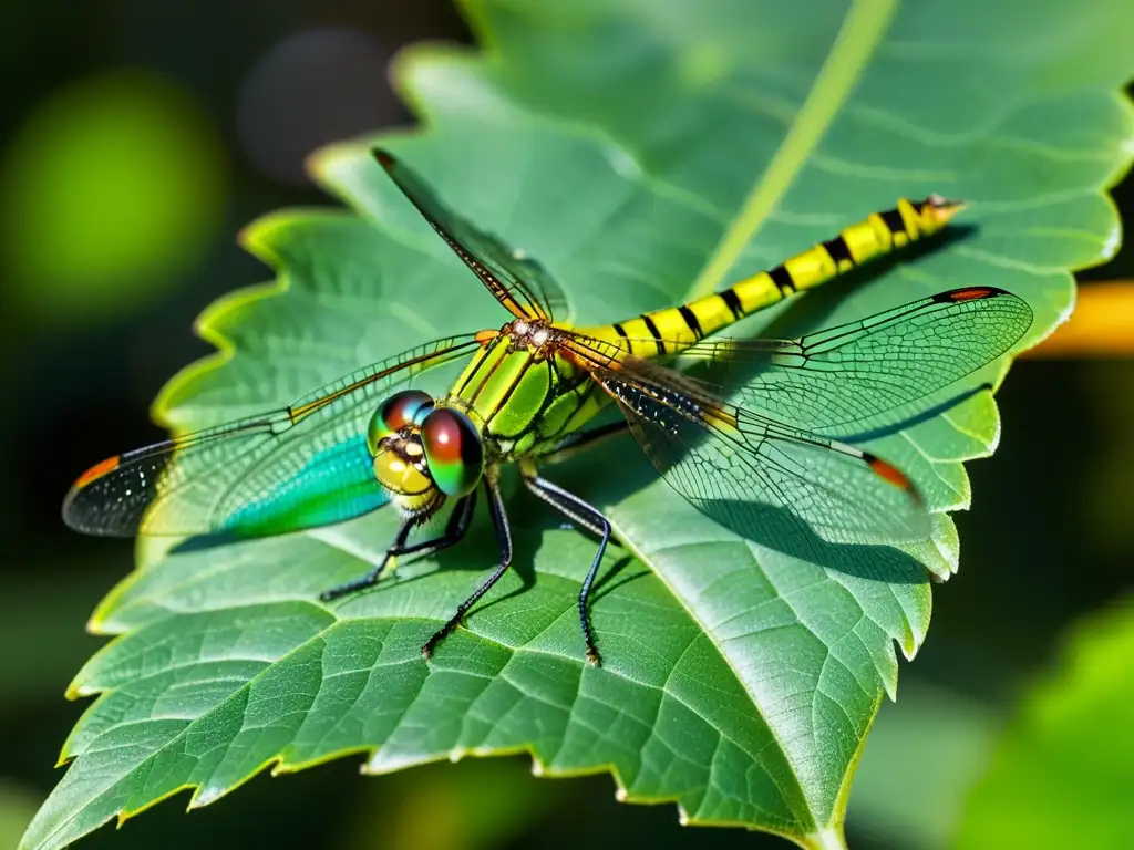 Una macrofotografía detallada de una vibrante libélula verde descansando en una hoja, con sus intrincados patrones y detalles hipnotizantes