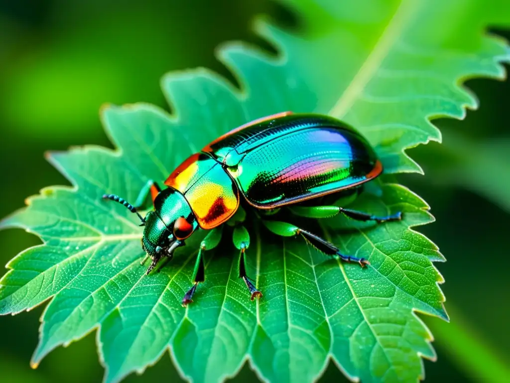 Macrofotografía de un escarabajo vibrante con detalles iridiscentes, en un entorno fresco y exuberante