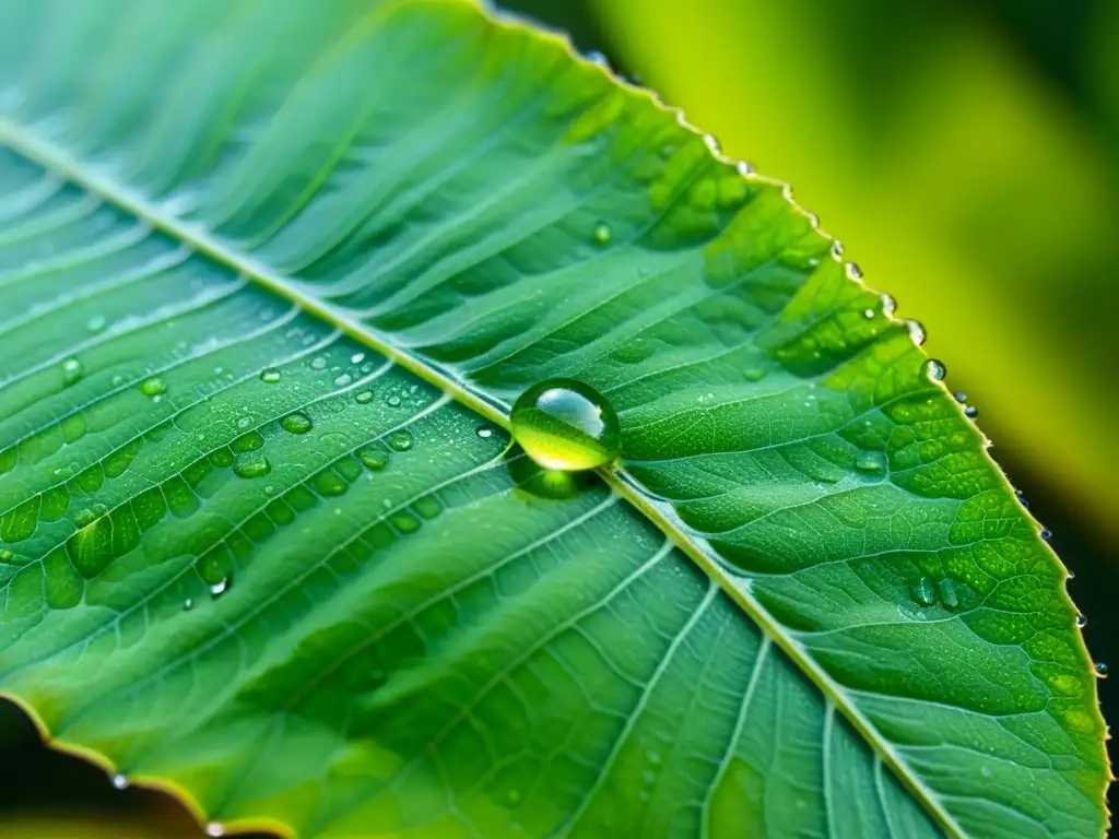 Macrofotografía de una hoja verde vibrante con gotas de agua y larvas de insectos, resaltando la importancia de los insectos en ecosistemas