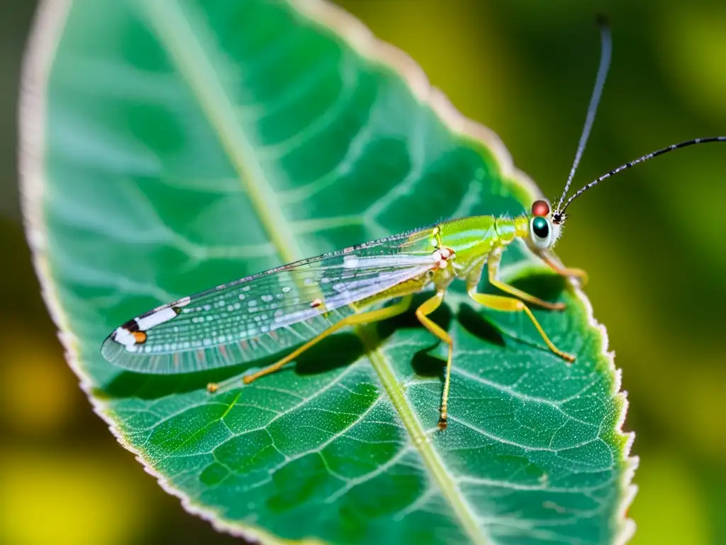 Macrofotografía de un insecto verde lacewing en una hoja, mostrando sus detalles intrincados y reproducción asexual en insectos