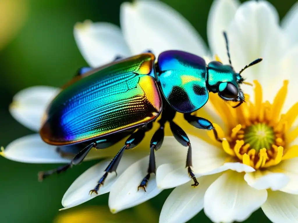 Una macrofotografía de insectos detallada: un escarabajo irisado posado en un pétalo de flor, con su exoesqueleto brillante y alas translúcidas