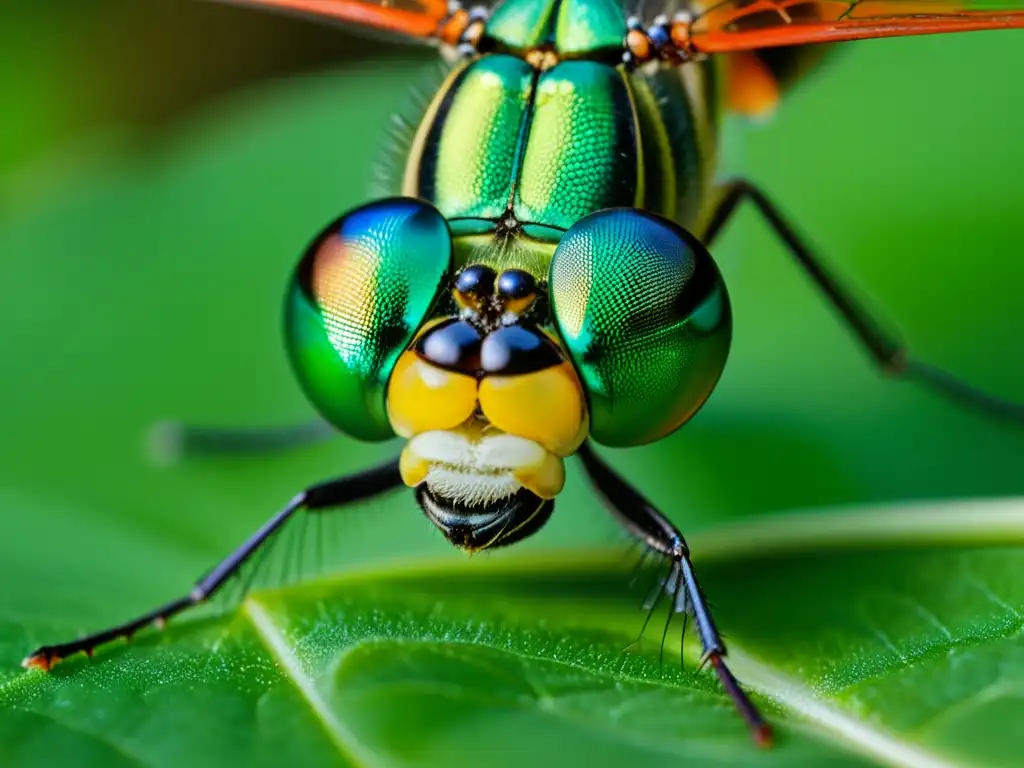 Macrofotografía de insectos detallada: Una libélula verde vibrante en una flor, con sus alas y ojos reflejando el entorno