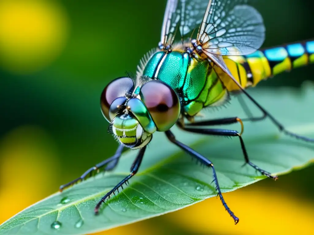 Una macrofotografía de insectos detallada: una libélula metálica verde descansa en un pétalo de flor, bañada en luz dorada