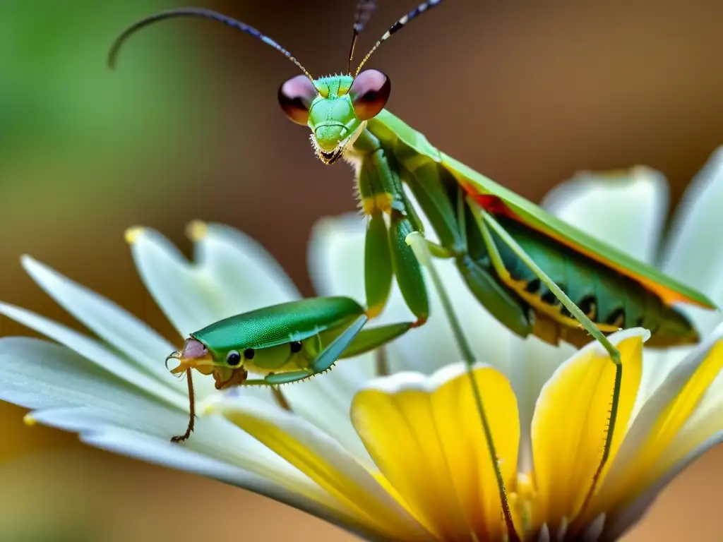 Macrofotografía de insectos detallada: Una mantis religiosa verde vibrante posada en un pétalo de flor, con detalles ultrafinos y ojos expresivos