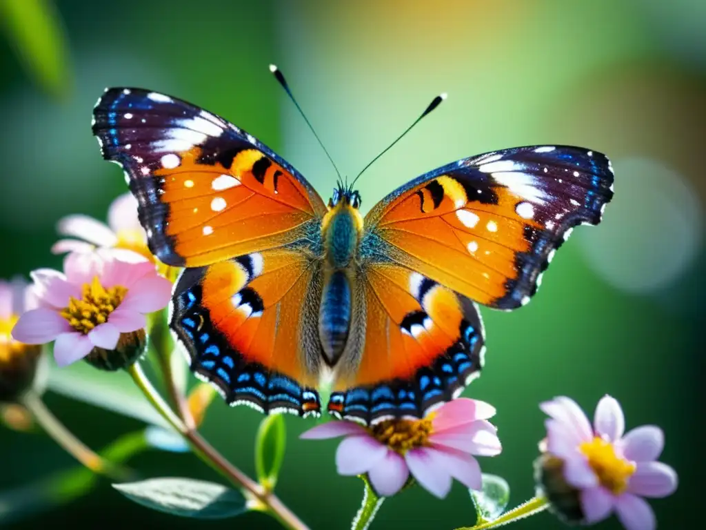 Macrofotografía de insectos detallada de una mariposa colorida posada en una flor, con sus alas desplegadas y detalles iridiscentes