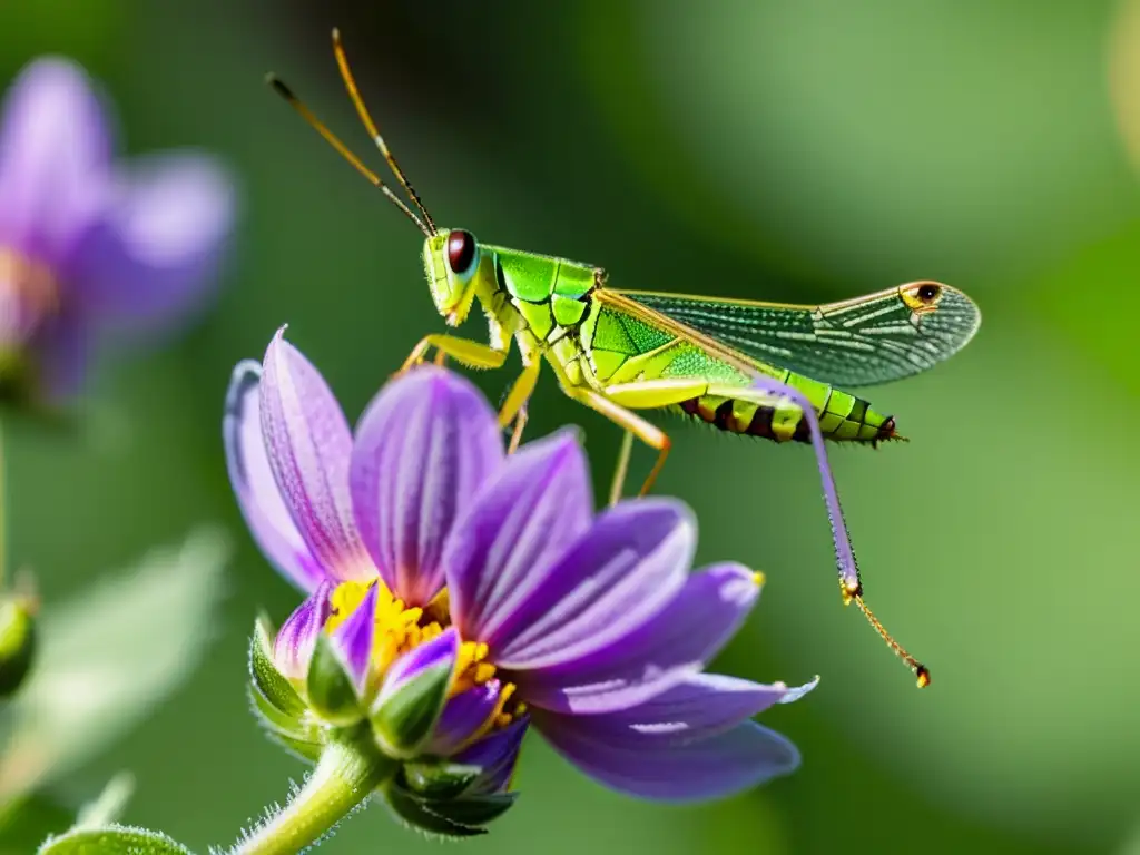 Macrofotografía de insectos detallada: Vibrante saltamontes verde posado en una delicada flor morada, con detalles intrincados en alas y ojos