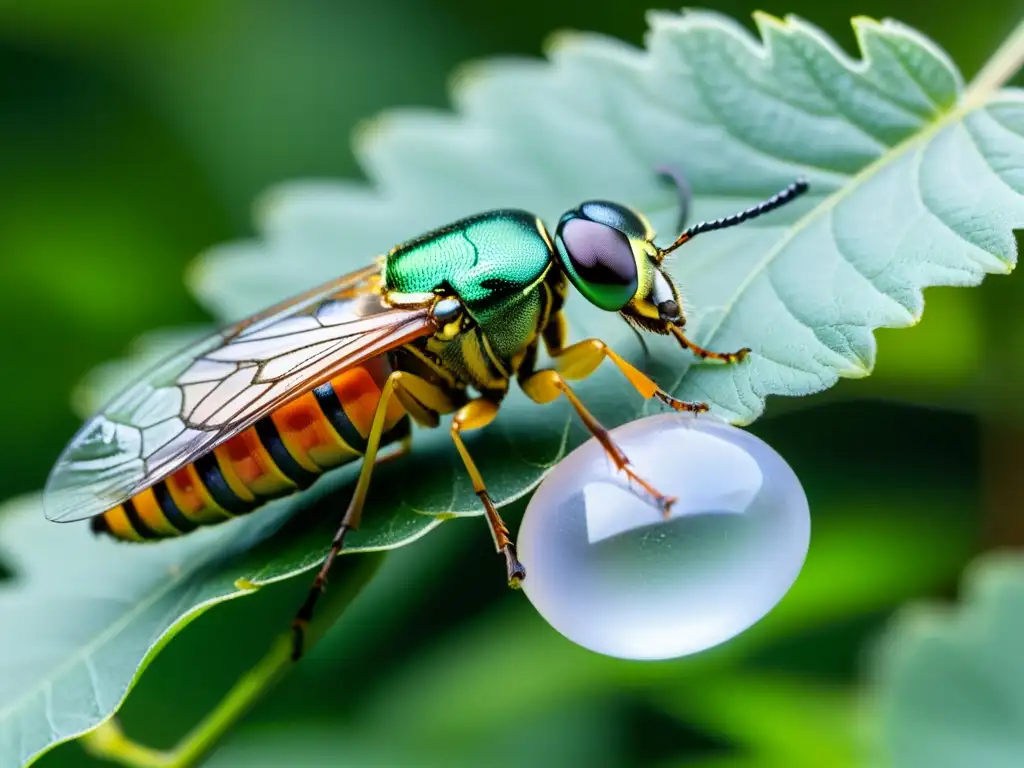 Madre insecto protegiendo sus huevos en la naturaleza Una madre insecto deposita con cuidado sus huevos en una cápsula protectora, rodeada de hojas verdes y flores