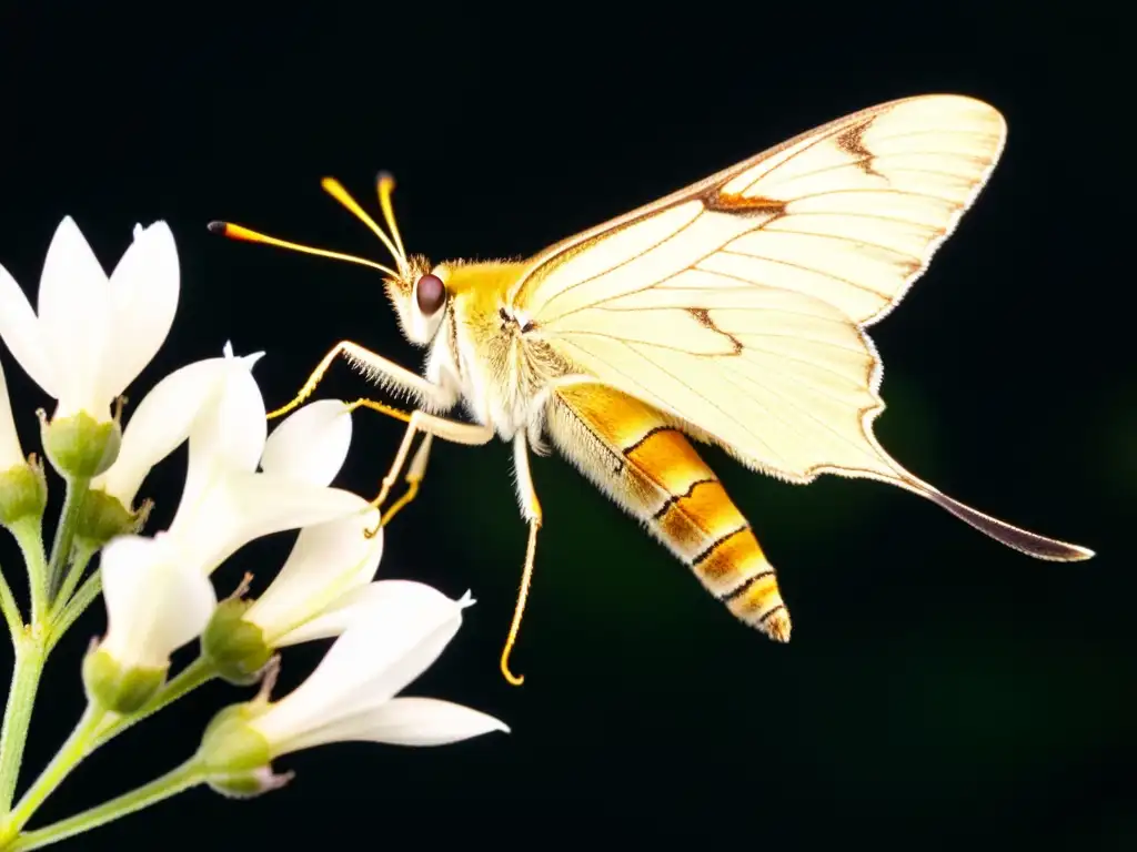 Un mágico encuentro nocturno de insectos alimentándose de néctar en una flor blanca