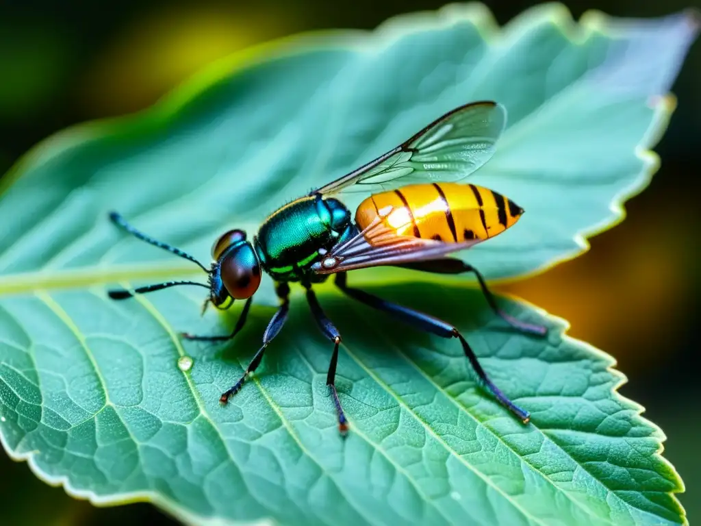 Un mágico firefly emite su suave resplandor verde desde su abdomen, mientras descansa en una hoja