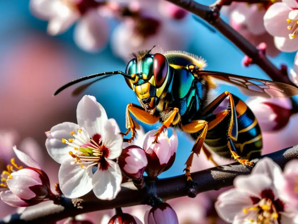 Una majestuosa avispa japonesa reposa sobre una rama de cerezo en flor, evocando la fuerza y protección de las avispas en la mitología japonesa