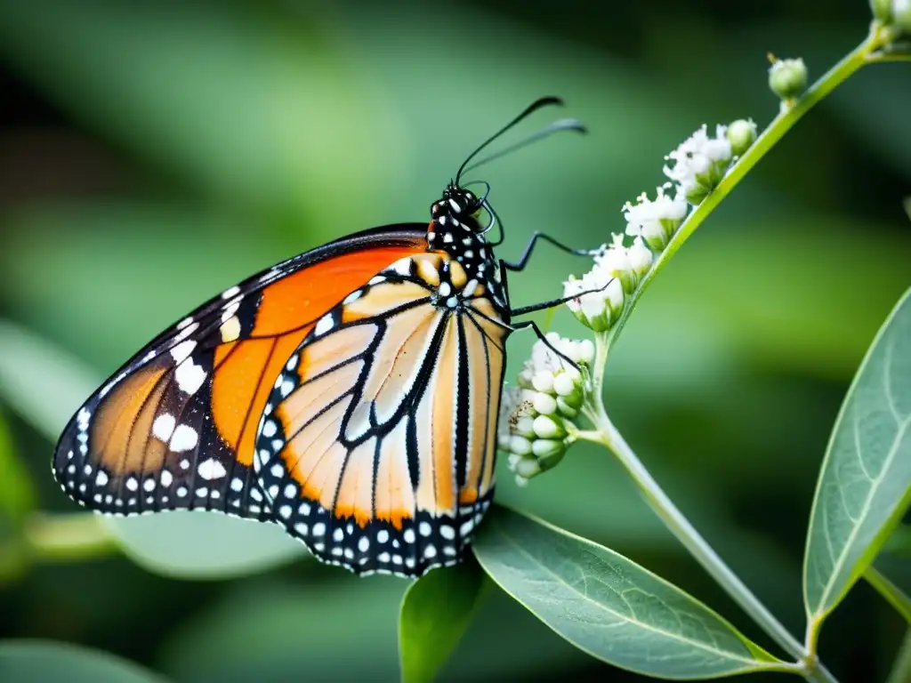 Una majestuosa mariposa monarca en una planta algodoncillo, mostrando sus alas con patrones naranja, negro y blanco