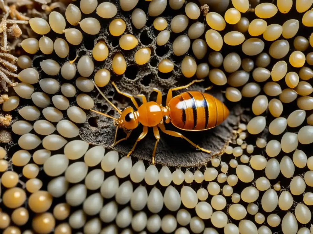 Una majestuosa reina de termitas rodeada de obreras, destacando la complejidad del nido y la importancia de las termitas en ecosistemas