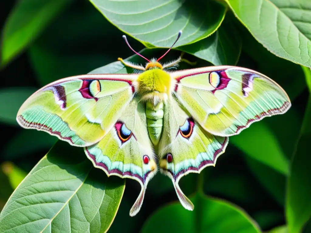 Un majestuoso y delicado lepidóptero Luna reposa sobre una hoja, destacando la belleza y fragilidad de los insectos amenazados y la importancia de la conservación