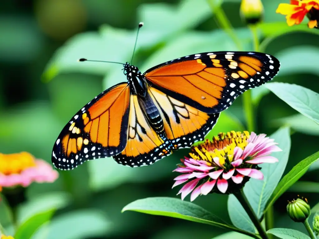 Un majestuoso insecto volador: una mariposa monarca en pleno vuelo, con sus alas naranjas y negras desplegadas, revoloteando cerca de flores coloridas