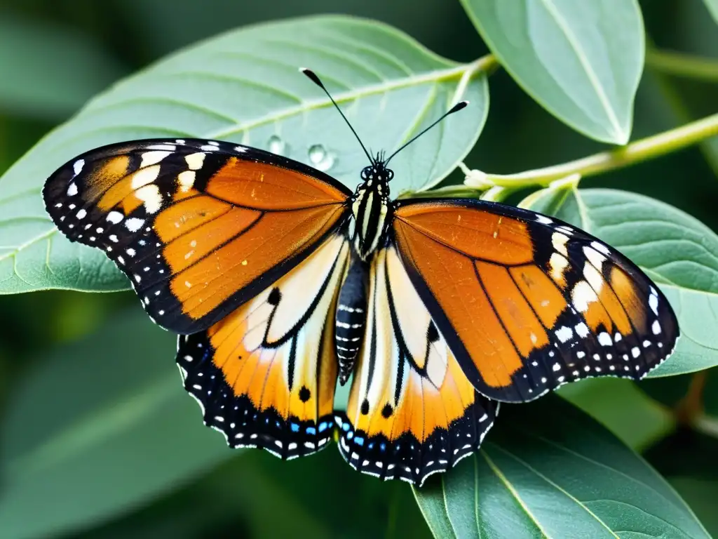 Un majestuoso monarca reposa en una planta, con detalles de alas y colores iridiscentes