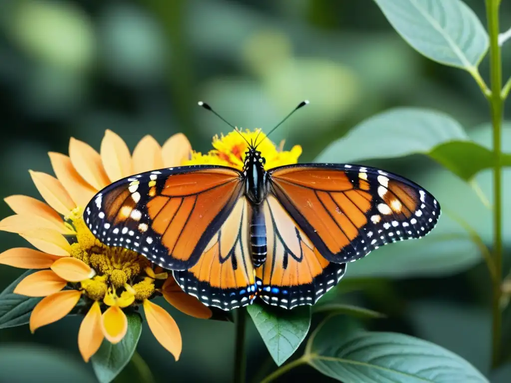 Un majestuoso Monarca posado en una flor, sus alas detalladas y su resplandor iridiscente