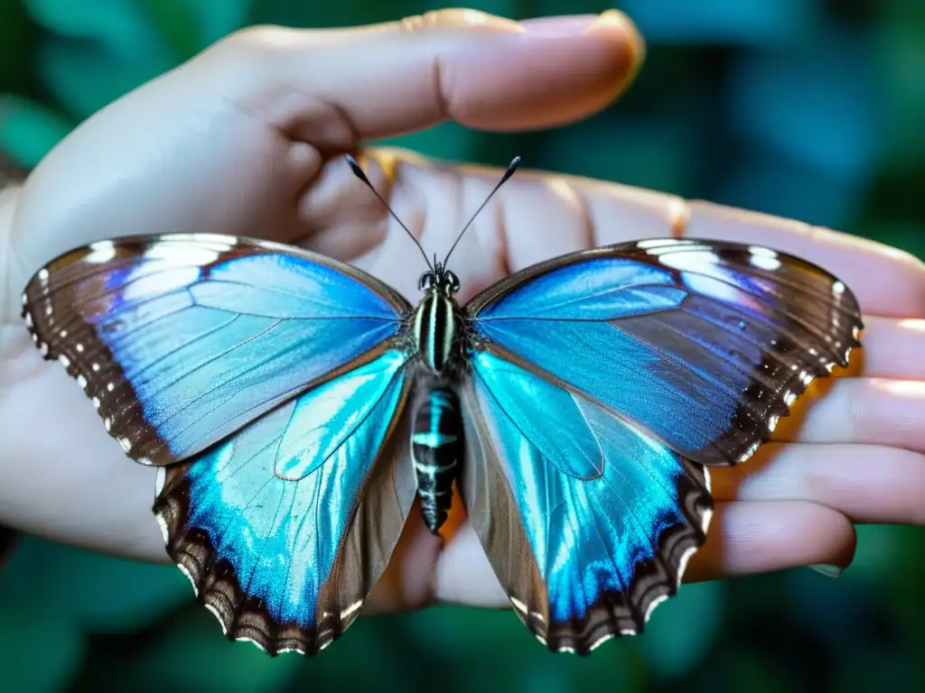 Mano sosteniendo delicadamente mariposa Morpho azul