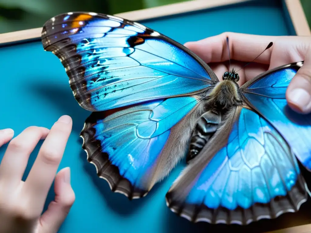 Mano de científico fijando mariposa azul morpho a tablero de exhibición