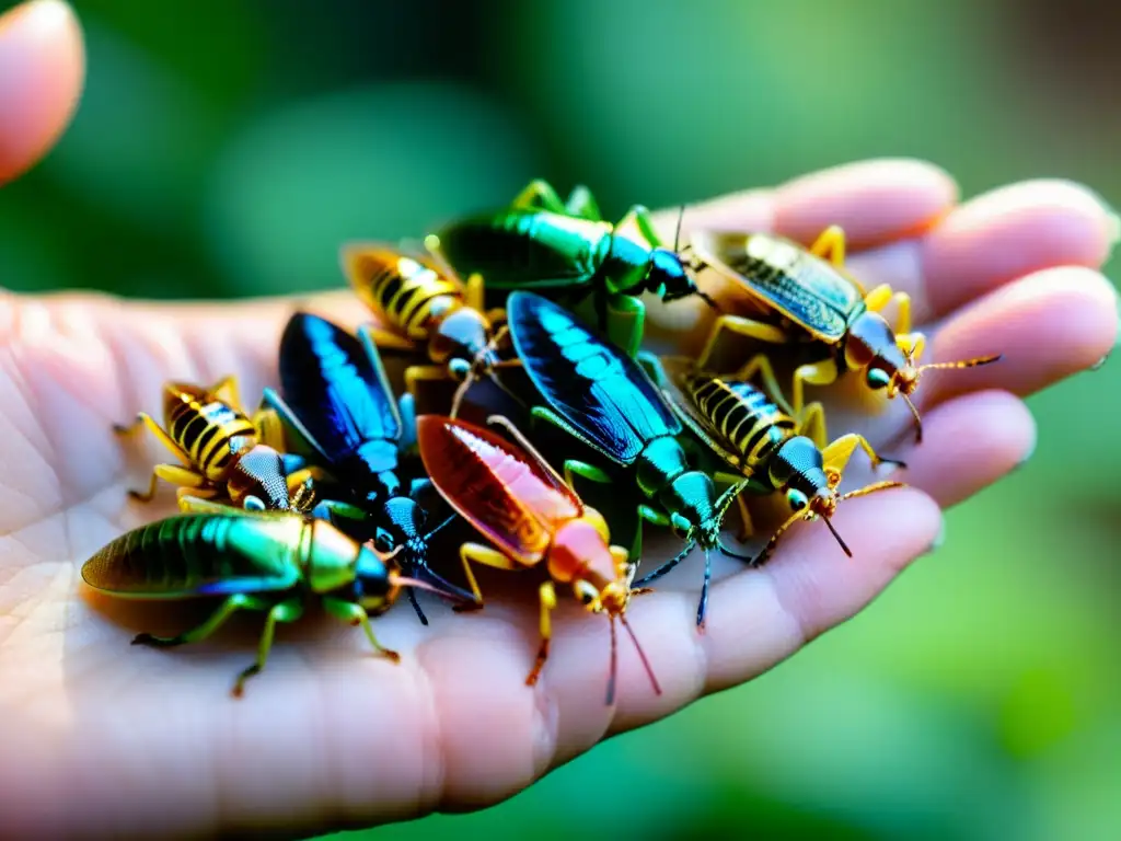 “Una mano sostiene delicadamente una colorida selección de insectos comestibles, resaltando sus texturas e iridiscencia