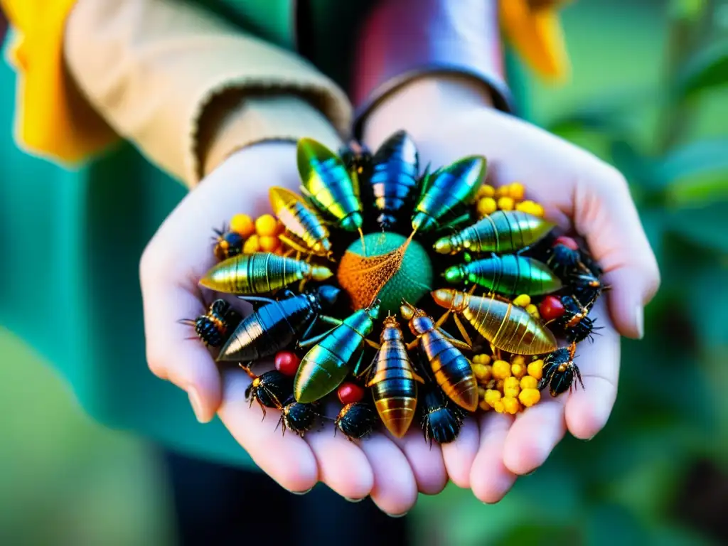 Mano sosteniendo coloridos insectos comestibles, resaltando sus detalles y la entomofagia en diferentes culturas