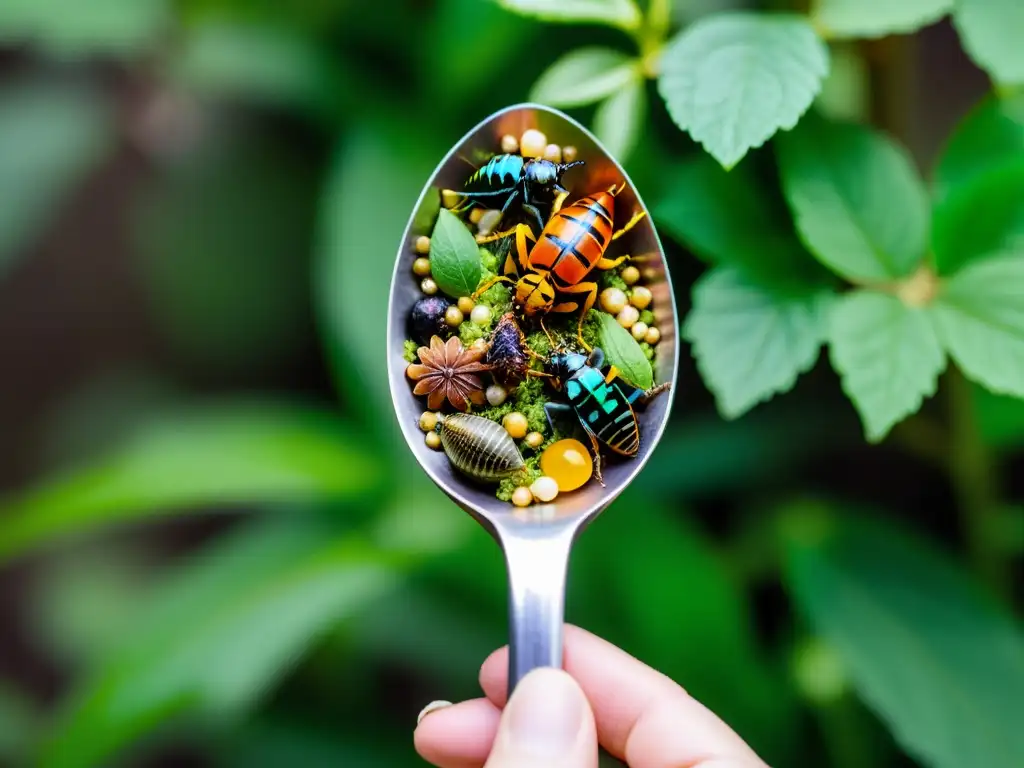 Mano sostiene cuchara con insectos coloridos en entorno natural - historia evolución entomofagia nivel mundial