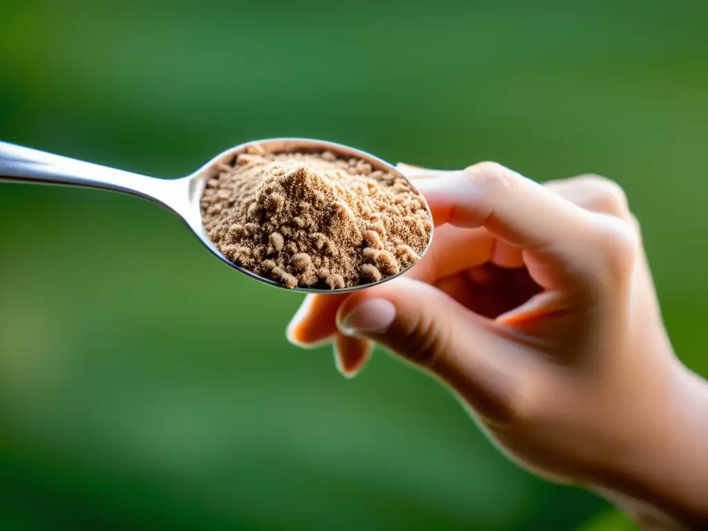 Mano sosteniendo cuchara con suplemento de proteína de grillo