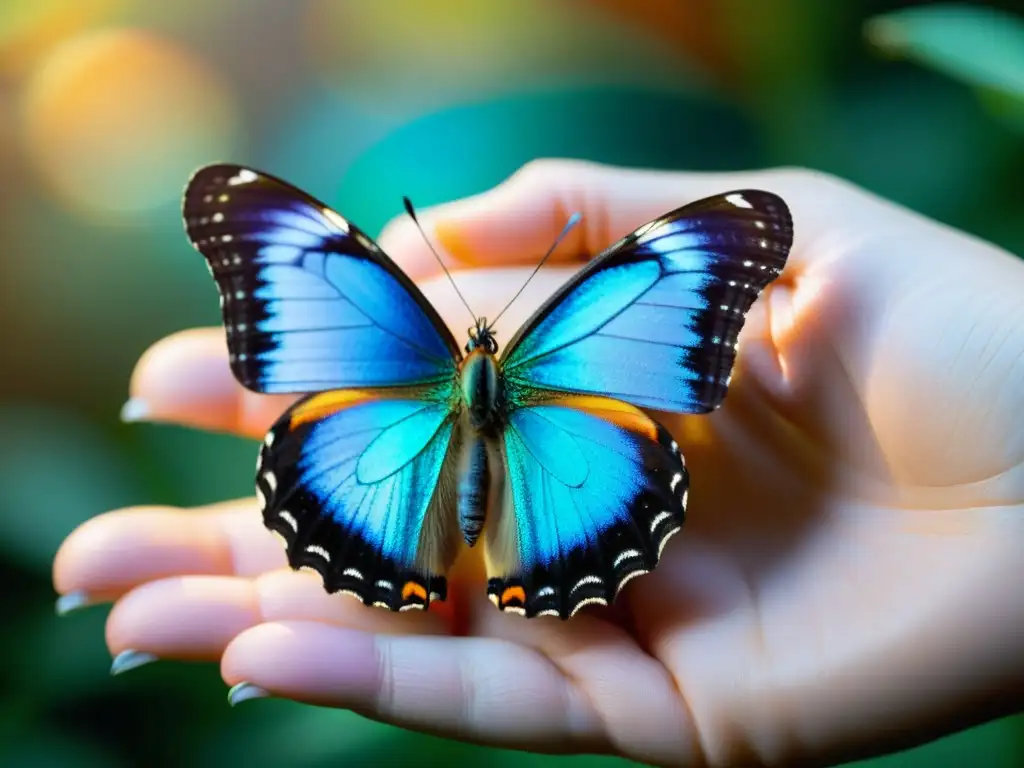 Mano cuidadosa sosteniendo una hermosa mariposa iridiscente, destacando la regulación y recolección de insectos mariposas con respeto y admiración