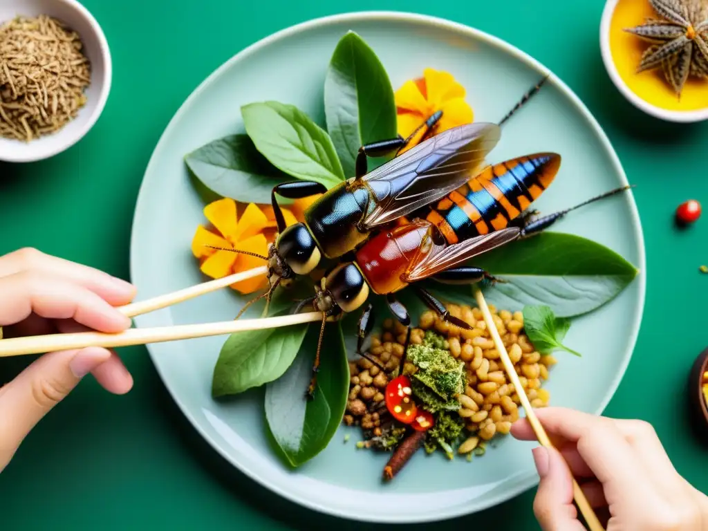 Mano sostiene con delicadeza palillos sobre plato de insectos exquisitamente preparados, mostrando la evolución de la entomofagia a nivel mundial