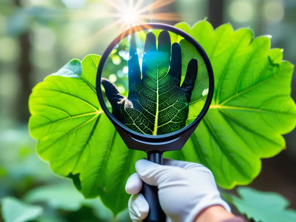 Mano con guante de protección observando detalladamente una hoja verde con insectos, resaltando la seguridad del equipo de observación de insectos