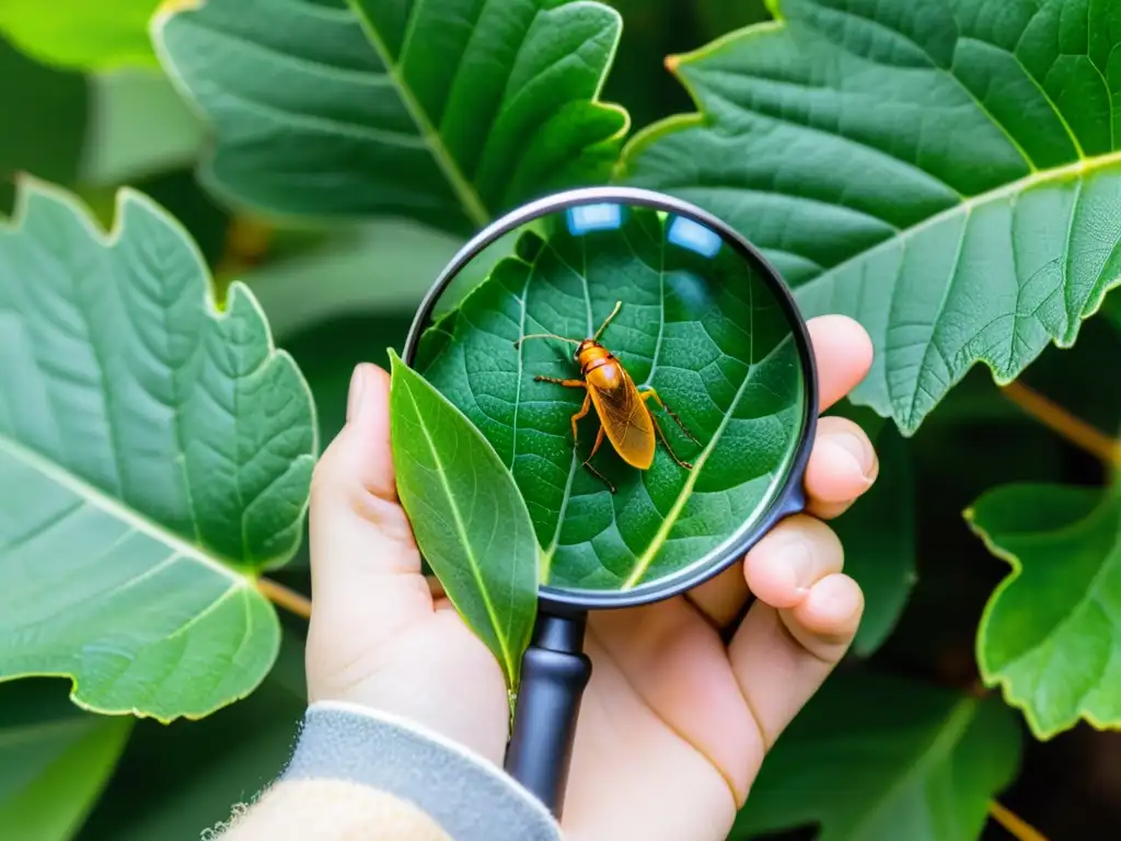 Mano con guante de protección observa detalladamente insecto sobre hoja verde