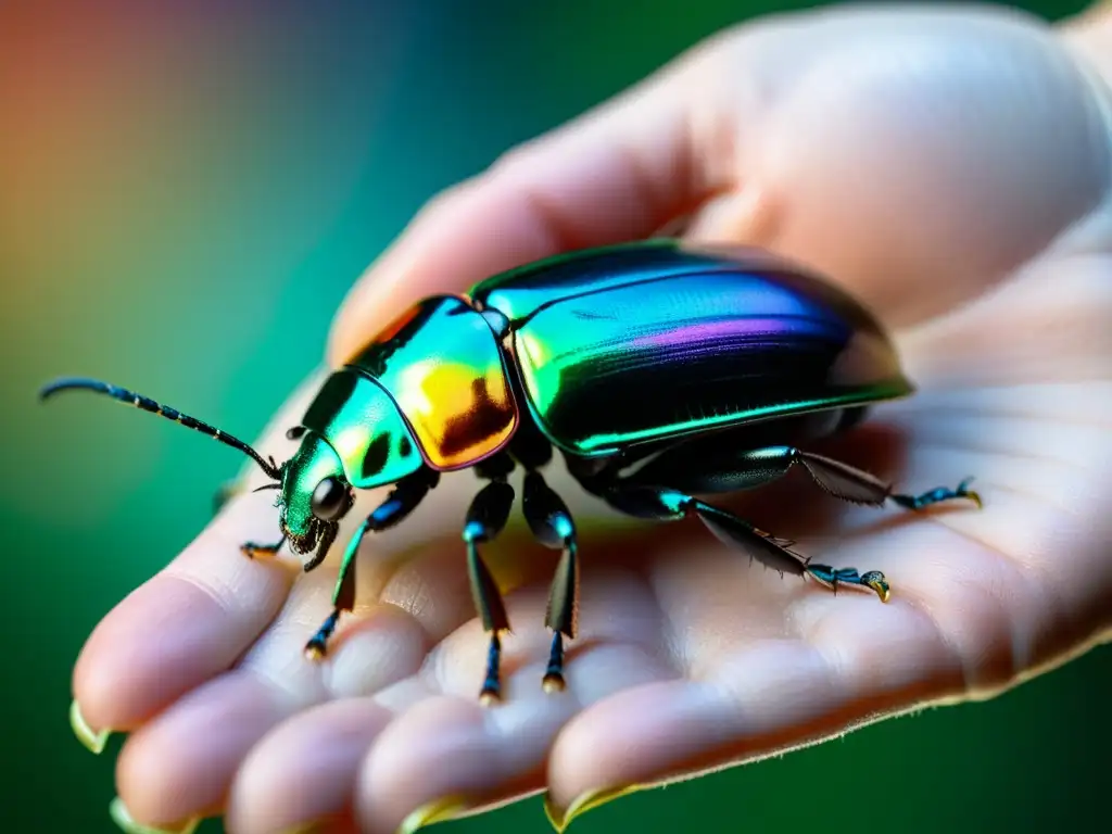 Una mano humana sostiene delicadamente un escarabajo iridiscente, mostrando sus detalles y la relación ética entre humanos e insectos