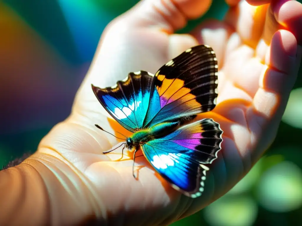 Una mano humana acaricia suavemente una mariposa iridiscente, destacando la relación ética entre humanos e insectos en una imagen de armonía serena