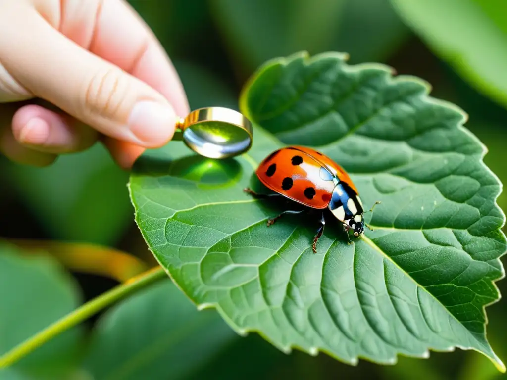 Mano infantil sostiene lupa sobre hoja verde con mariquita