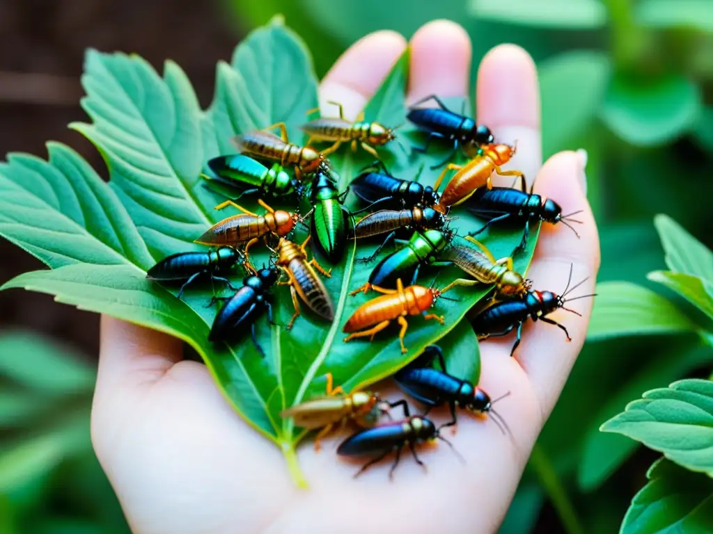 Mano sosteniendo insectos comestibles sobre hojas verdes