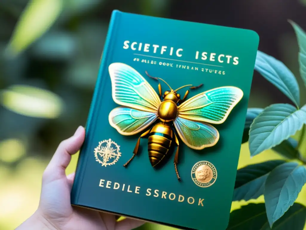 Mano sosteniendo libro científico detallado sobre entomofagia, con ilustración vibrante de insectos comestibles y ambiente de laboratorio